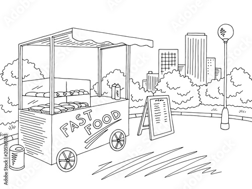 Street food graphic black white city landscape sketch illustration vector
