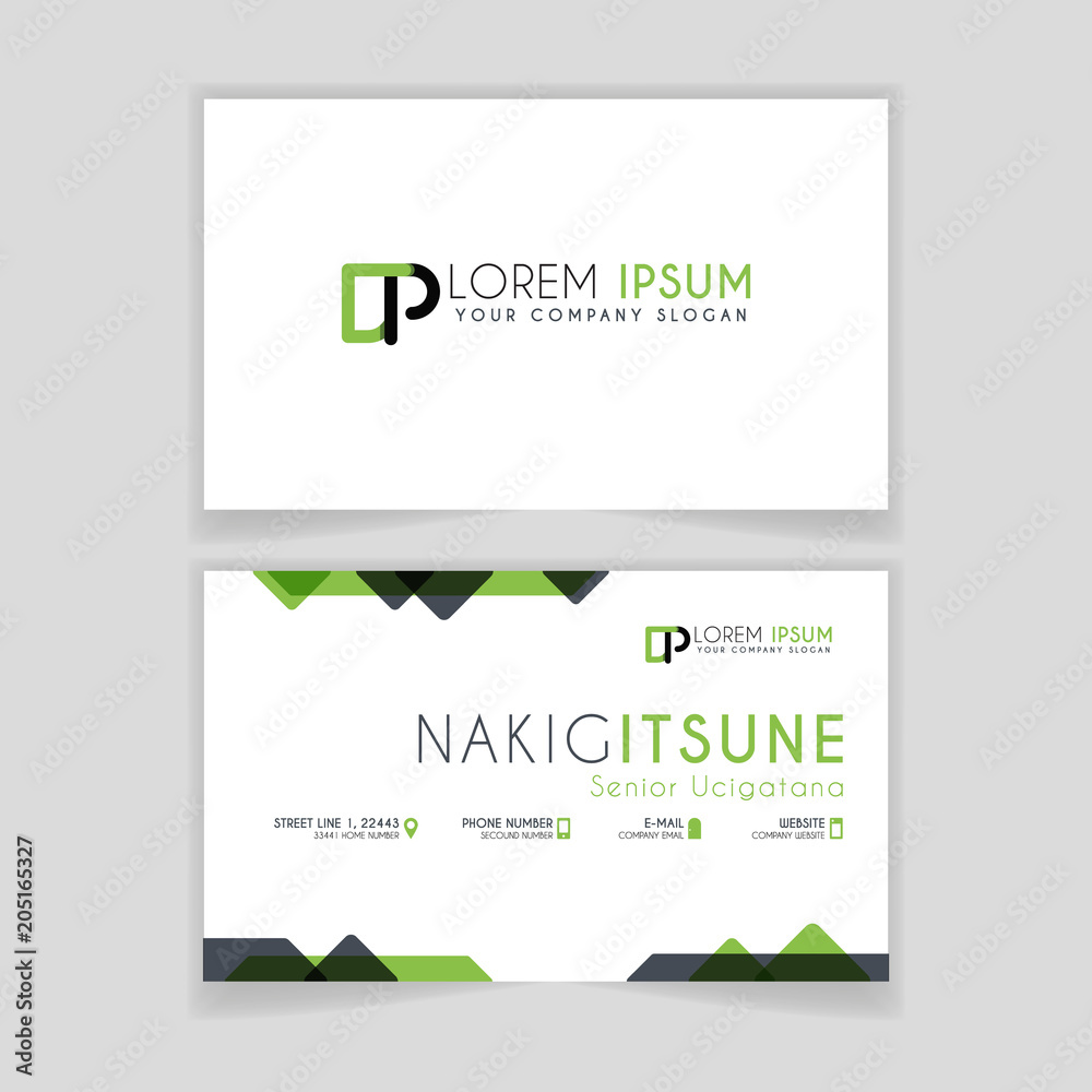 Fototapeta premium Simple Business Card with initial letter DP rounded edges with green accents as decoration.