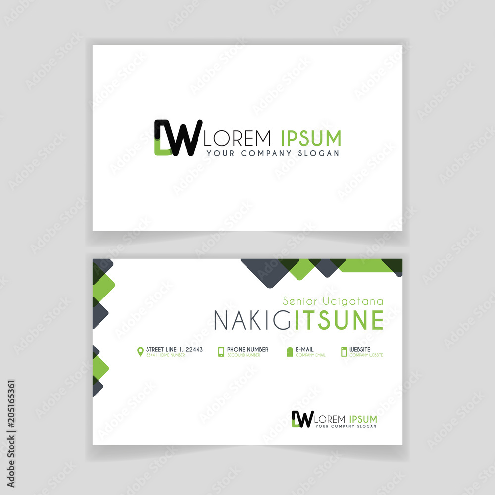 Fototapeta premium Simple Business Card with initial letter DW rounded edges with green accents as decoration.