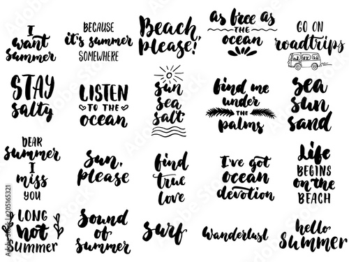 Hand drawn seasons set of lettering phrase about Summer holiday isolated on the white background. Fun brush ink vector illustration for banners, greeting card, photo overlays.