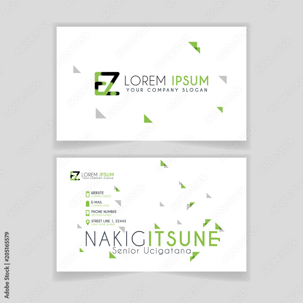 Simple Business Card with initial letter EZ rounded edges with green accents as decoration.