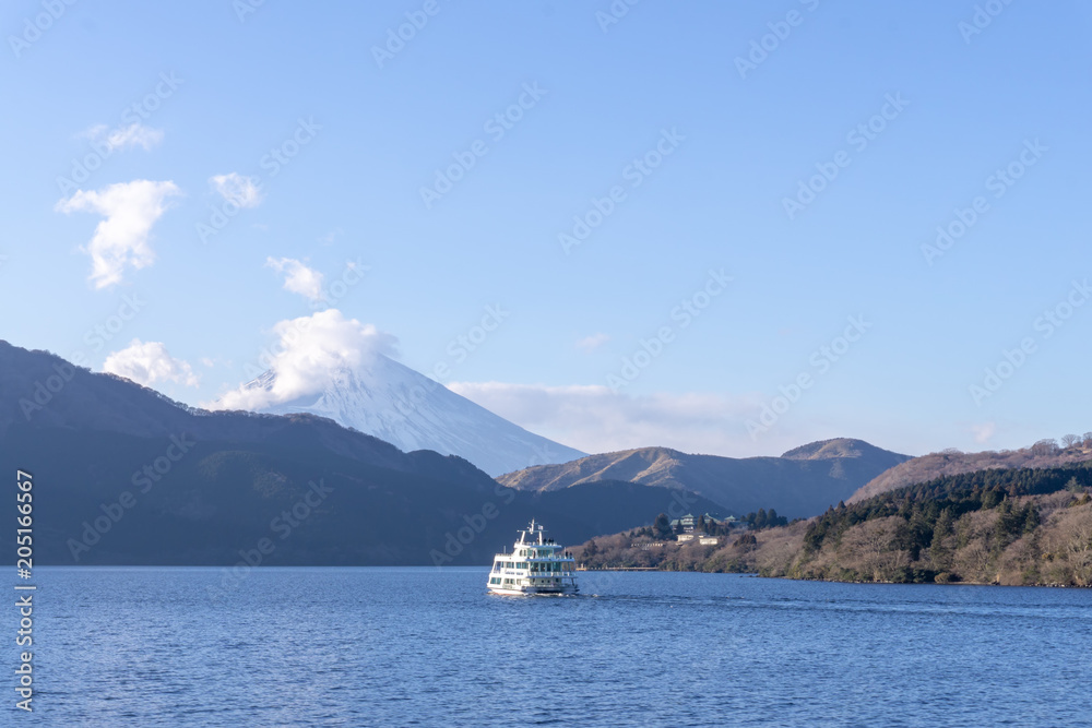 Lake Ashi or Hakone Lake or Ashinoko Lake in Hakone, Kanagawa Prefecture , Japan with ferry sail in the lake. Lake Ashi or Hakone Lake or Ashinoko Lake in Hakone, Kanagawa Prefecture , Japan with ferry sail in the lake.