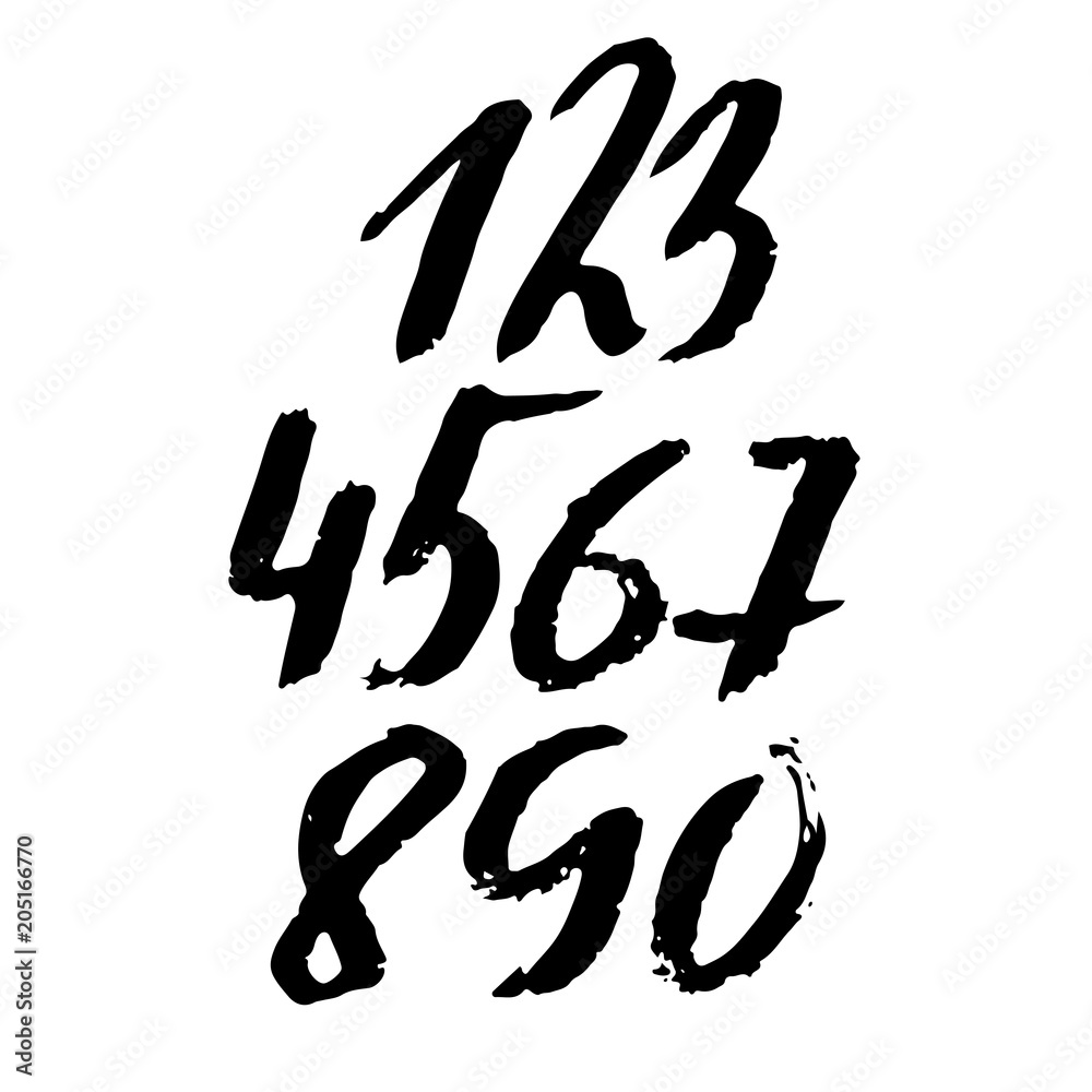 Set of calligraphic ink numbers. Textured brush lettering. Vector illustration. Set of calligraphic ink numbers. Textured brush lettering. Vector illustration.