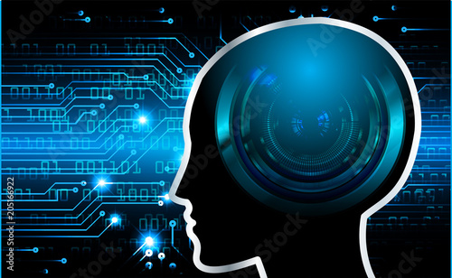 Neon human head. Cpu. blue Circuit board. illustration. pixel. Abstract Technology background for computer graphic website internet and business. Cyber