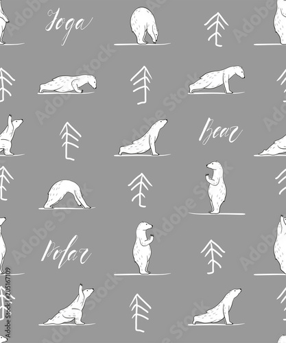 funny yoga with polar bear seamless pattern, fitness white bears, yoga poses, Surya Namaskara meditation. Ashtanga vinyasa yoga poses