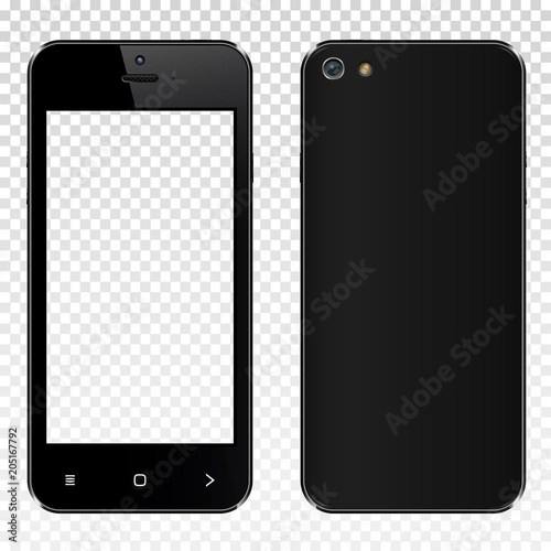 Realistic black smartphone with transparent screen isolated. Front and back display view.