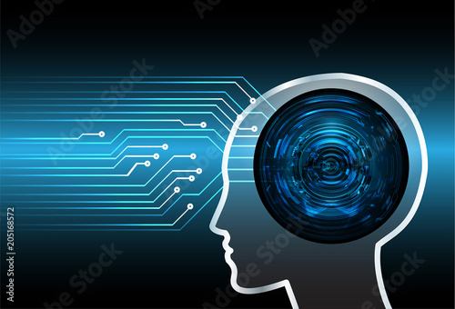 Neon human head. Cpu. blue Circuit board. illustration. pixel. Abstract Technology background for computer graphic website internet and business. Cyber