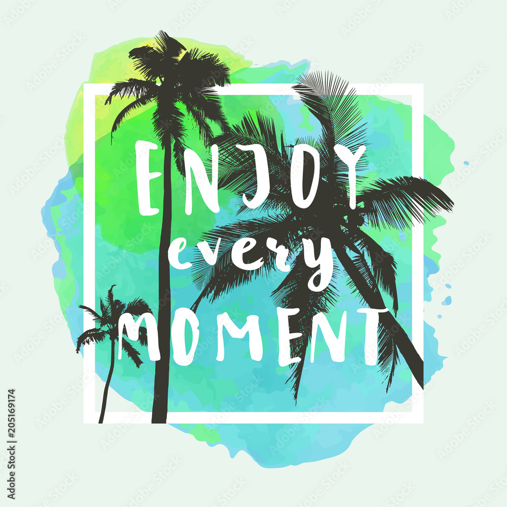 Fototapeta premium Beach Party! Modern calligraphic T-shirt design with flat palm trees on bright colorful watercolor background. Vivid cheerful optimistic summer flyer, poster, fabric print design