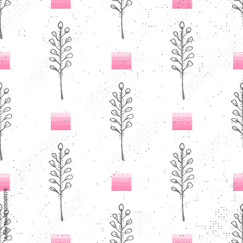Floral background seamless pattern black and white with dandelion fluff silhouette. Beautiful nature backdrop. Trendy stylish wallpaper. Vector illustration