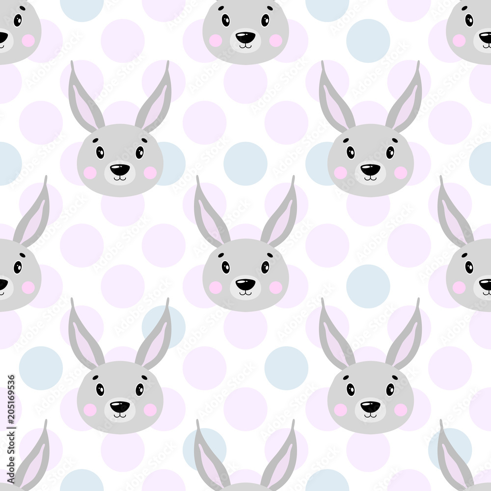Cute vector seamless pattern with rabbit face, hare. On white background in polka dots. Cute vector seamless pattern with rabbit face, hare. On white background in polka dots.