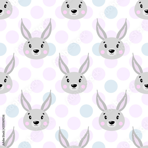 Cute vector seamless pattern with rabbit face  hare. On white background in polka dots.