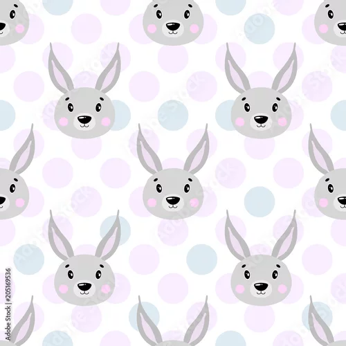 Tapety Śliczny wektorowy bezszwowy wzór z królik twarzą, zając. Na białym tle w kropki.