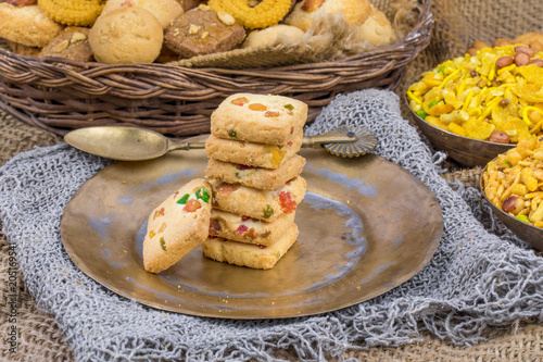 Delicious Tutti Frutti Cookies or Biscuits Also Know as Candied Fruits Cookies on Vintage Background