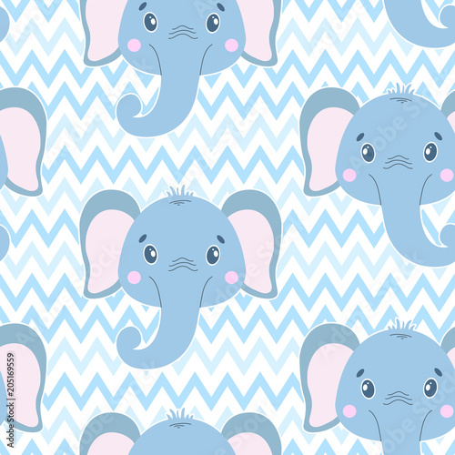 Cute vector seamless pattern with elephant face. On white zigzag background. Cartoon illustrration.