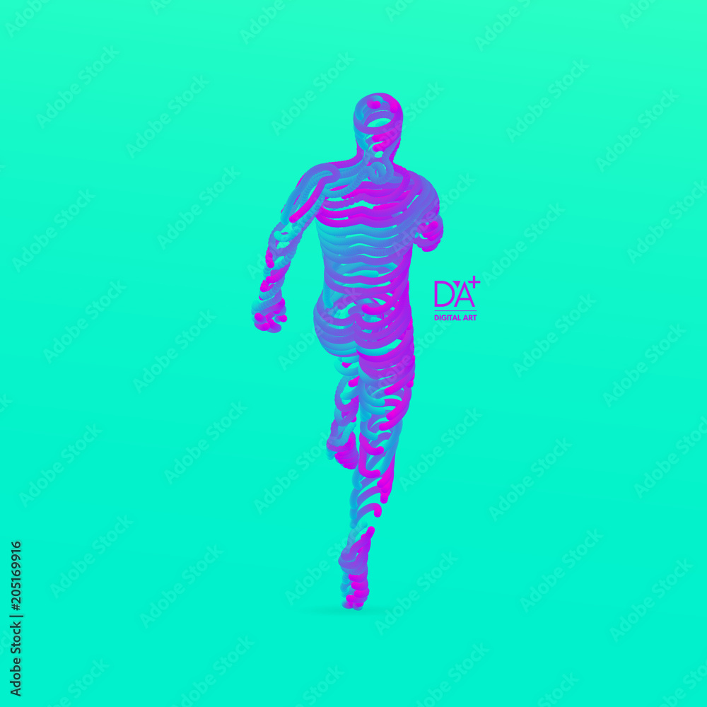 Running man. Emblem for marathon and jogging. 3d model of man. Vector Illustration. Wire connection to virtual reality. Running man. Emblem for marathon and jogging. 3d model of man. Vector Illustration. Wire connection to virtual reality.