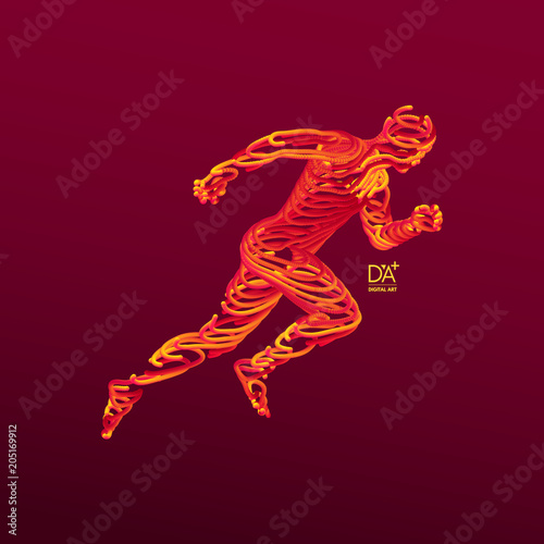 Running man. Emblem for marathon and jogging. 3d model of man. Vector Illustration. Wire connection to virtual reality.