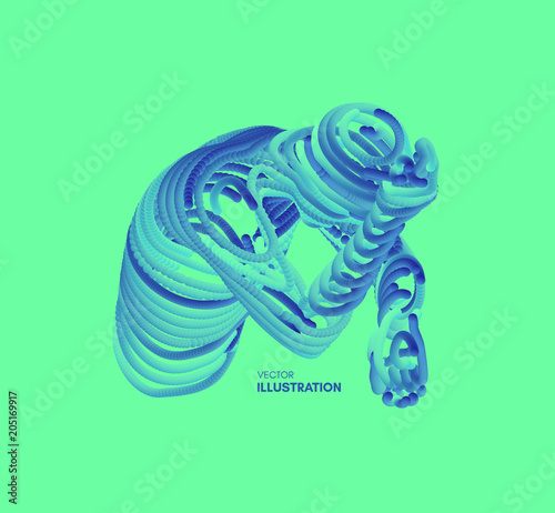 Man in a thinker pose. Miserable depressed men sitting and thinking. 3d model of man. Psychology or philosophy concept. Vector illustration.