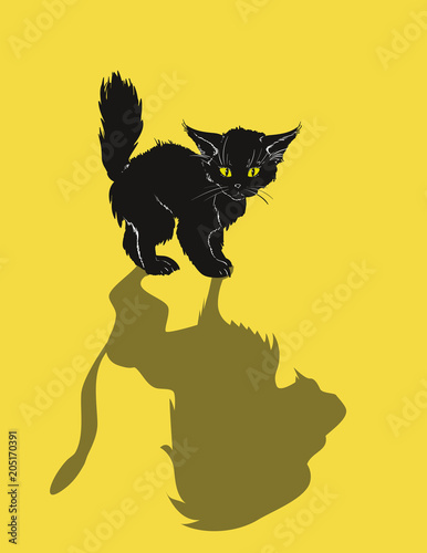 A cute black kitten and a lion's shadow, on a yellow background. Kitten dream.