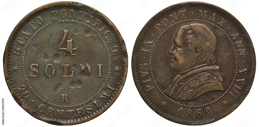 Naklejka premium Vatican city coin four soldi equals twenty centecimo 1869, ruler Pius IX, large denomination in center, Pius IX bust left,