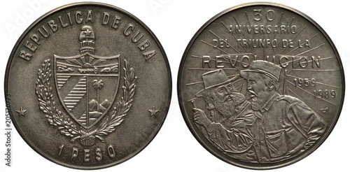 Cuba Cuban coin one peso 1989, 30th anniversary of revolution, Fidel Castro talking to a guerilla, 