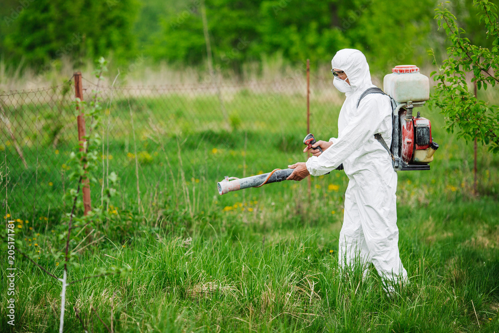 Man in the overalls treats apple tree chemicals from harmful insects. Gardening and people concept. Man in the overalls treats apple tree chemicals from harmful insects. Gardening and people concept.