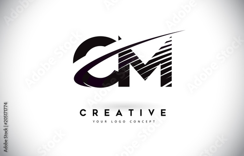 CM C M Letter Logo Design with Swoosh and Black Lines.