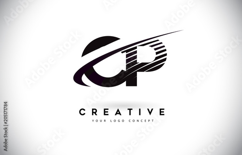 Bilde på lerret CP C P Letter Logo Design with Swoosh and Black Lines.