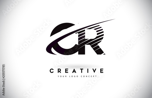 CR C R Letter Logo Design with Swoosh and Black Lines.