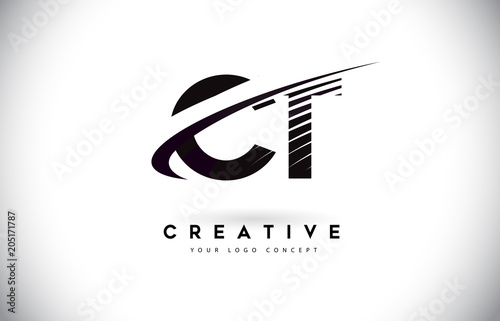 CT C T Letter Logo Design with Swoosh and Black Lines.