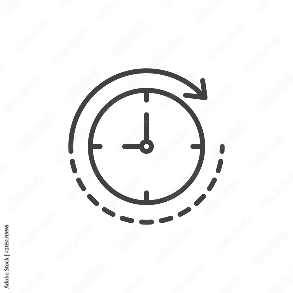 Clock with rotation arrow outline icon. linear style sign for mobile concept and web design. Deadline simple line vector icon. History symbol, logo illustration. Pixel perfect vector graphics Clock with rotation arrow outline icon. linear style sign for mobile concept and web design. Deadline simple line vector icon. History symbol, logo illustration. Pixel perfect vector graphics