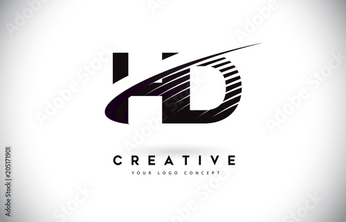 HD H D Letter Logo Design with Swoosh and Black Lines.