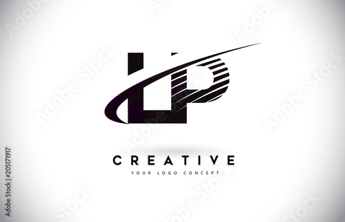 LP L P Letter Logo Design with Swoosh and Black Lines.