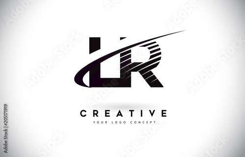 LR L R Letter Logo Design with Swoosh and Black Lines.