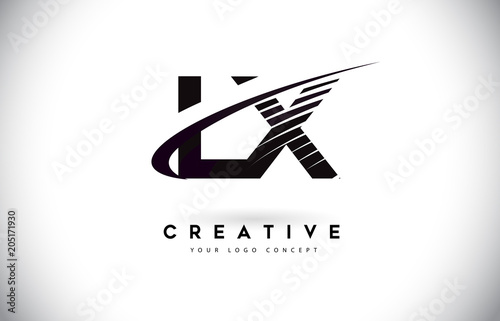 LX L X Letter Logo Design with Swoosh and Black Lines.