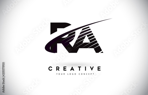 RA R A Letter Logo Design with Swoosh and Black Lines.