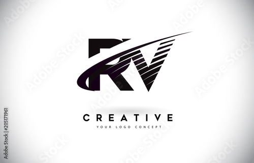RV R V Letter Logo Design with Swoosh and Black Lines.