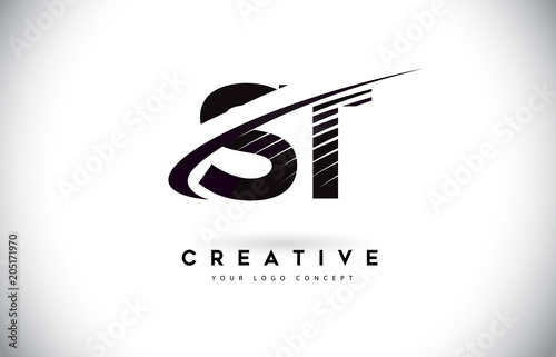 ST S T Letter Logo Design with Swoosh and Black Lines.