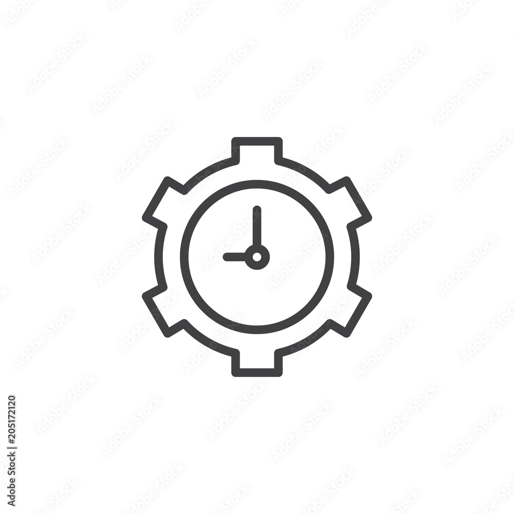Clock in gear outline icon. linear style sign for mobile concept and web design. Time setting simple line vector icon. Symbol, logo illustration. Pixel perfect vector graphics Clock in gear outline icon. linear style sign for mobile concept and web design. Time setting simple line vector icon. Symbol, logo illustration. Pixel perfect vector graphics