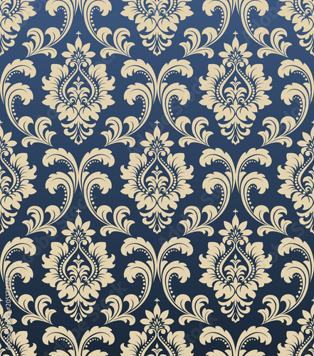 Wallpaper in the style of Baroque. A seamless vector background. Blue and gold floral ornament. Graphic pattern for fabric, wallpaper, packaging. Ornate Damask flower ornament