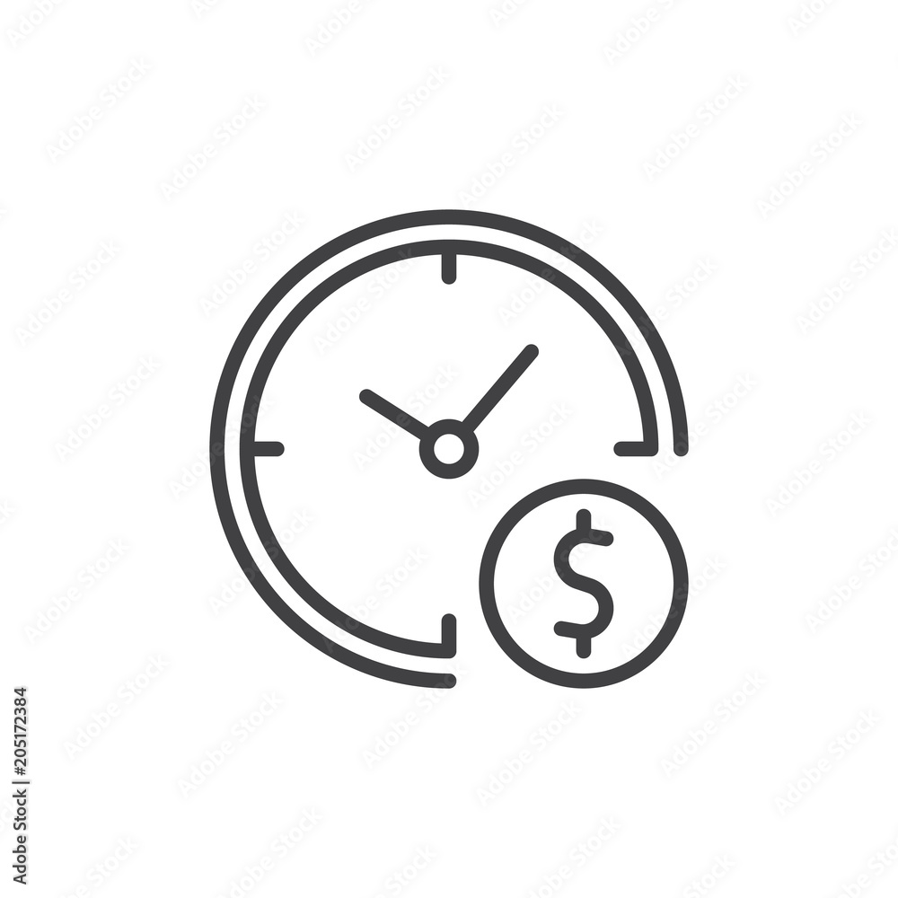Time is money outline icon. linear style sign for mobile concept and web design. Clock and dollar simple line vector icon. Symbol, logo illustration. Pixel perfect vector graphics Time is money outline icon. linear style sign for mobile concept and web design. Clock and dollar simple line vector icon. Symbol, logo illustration. Pixel perfect vector graphics