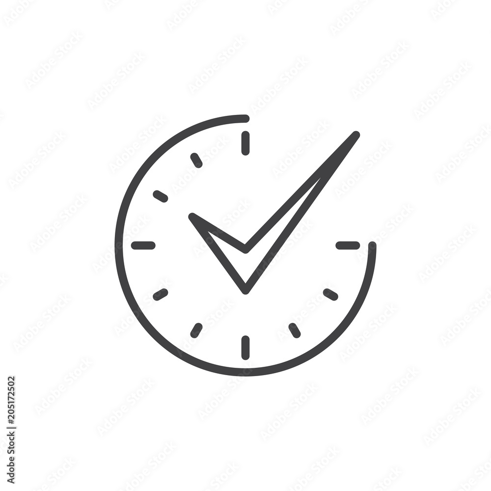 Check mark on clock outline icon. linear style sign for mobile concept and web design. Real time protection simple line vector icon. Symbol, logo illustration. Pixel perfect vector graphics Check mark on clock outline icon. linear style sign for mobile concept and web design. Real time protection simple line vector icon. Symbol, logo illustration. Pixel perfect vector graphics