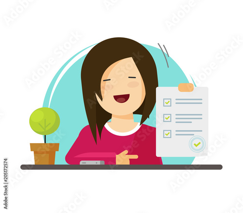 Survey or exam form paper sheet in hand of pupil girl, answered quiz checklist and success result assessment, happy person showing education test, questionnaire document vector flat cartoon clipart