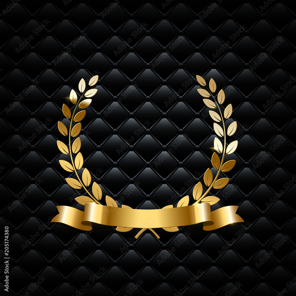 Golden laurel wreath with golden ribbon on black luxury background ...