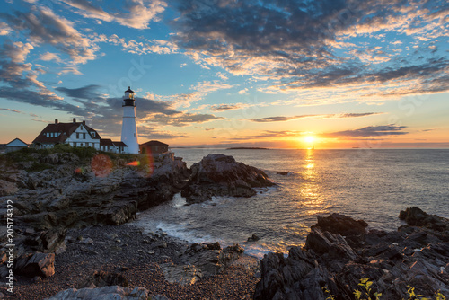Portland Lighthouse at sunrise in Cape Elizabeth  New England  Maine  USA. 