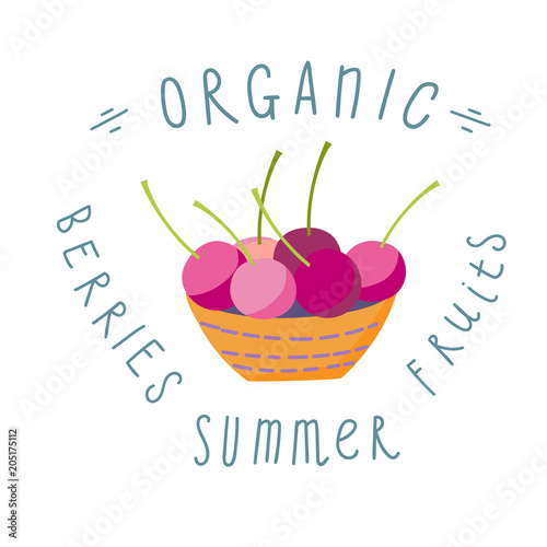 Berries in a basket, vector cartoon card with fresh berries and smothie isolated on white.