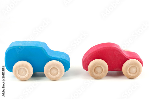 Red and blue wooden car isolated on white background 