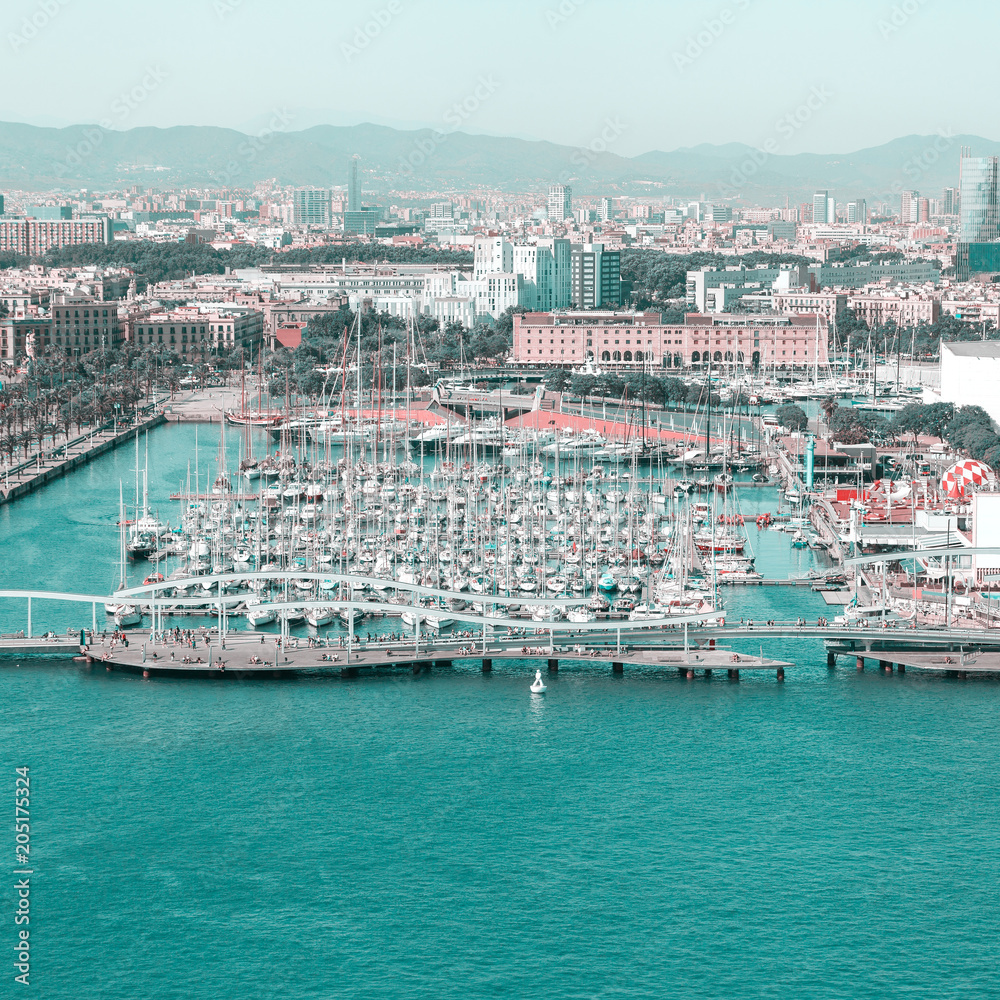 Port of Barcelona. Harbor with luxury yachts parked in the city center against the backdrop of urban development