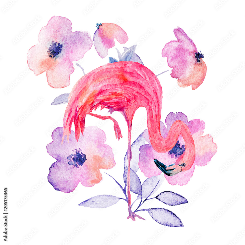 Watercolor flamingo with flowers. Hand drawn illustration.
