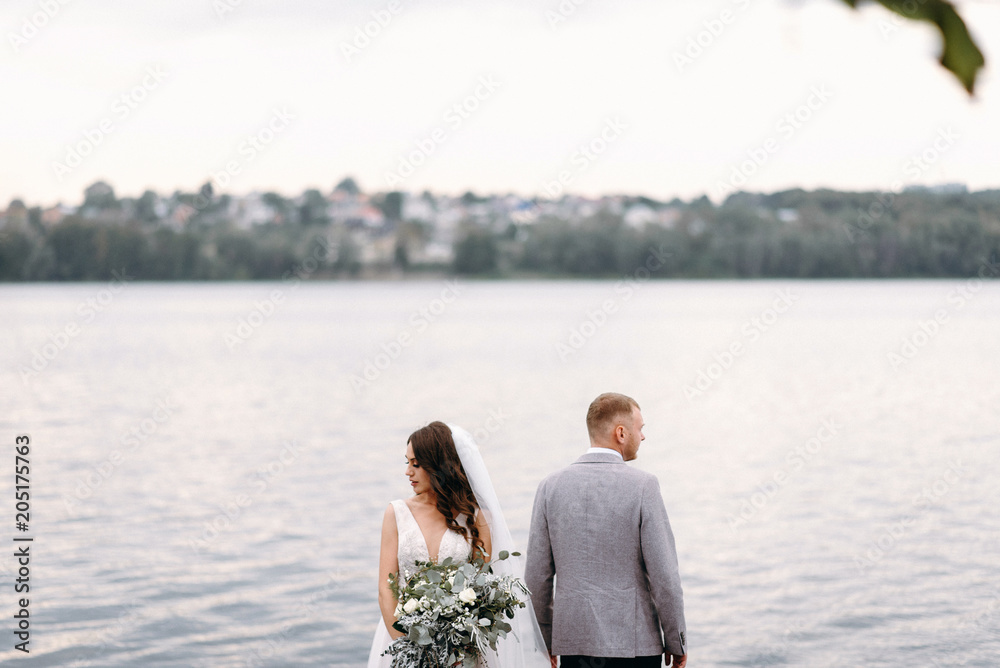 The bride and groom with a bouquet are happy together. An amazing couple on their wedding day are walking around the lake, hugging and enjoying each other. The bride and groom with a bouquet are happy together. An amazing couple on their wedding day are walking around the lake, hugging and enjoying each other.