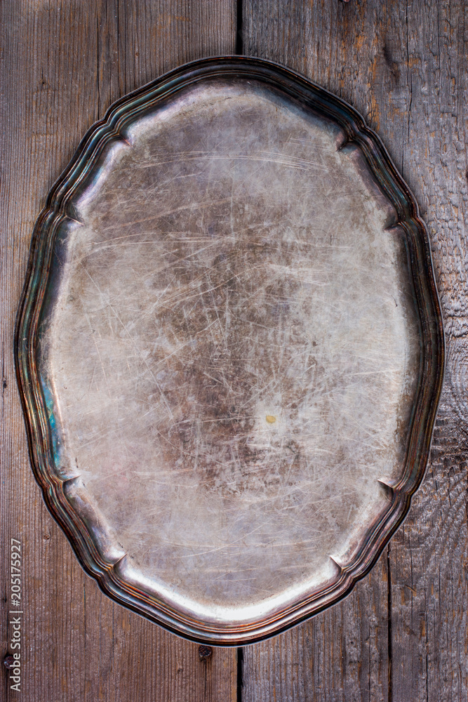 Vintage old metal tray, top view, background